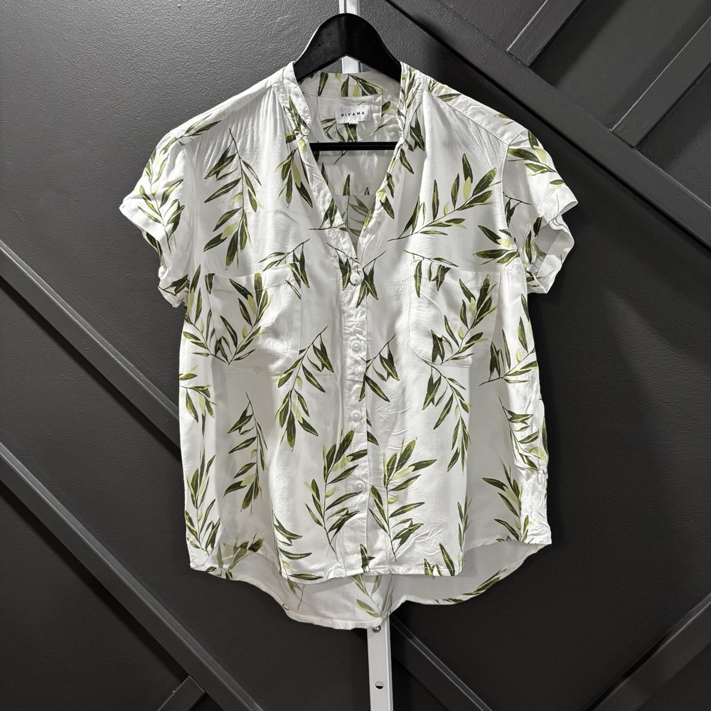 Piyama Leaf Print Button Front Blouse Size XS White Green Short Sleeve Coastal